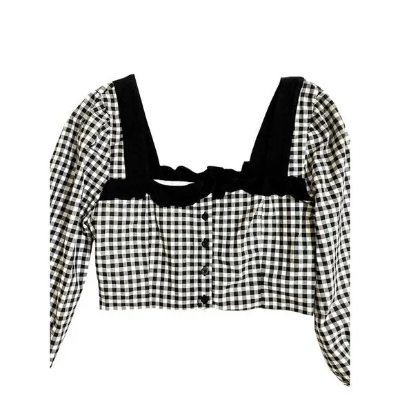 BCBGeneration Crop Top Ruffled Gingham Black White Blouse Top Shirt Sz M NWT - Picture 6 of 12